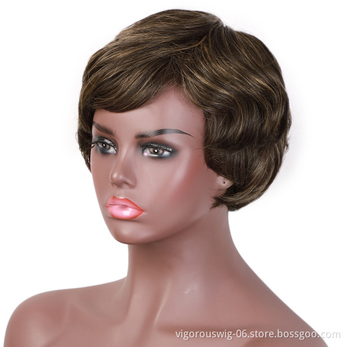 Vigorous Wholesale Cheap Pixie Cut Wigs for Black Women Short Synthetic Hair Heat Resistant Side Part Wig Highlight Natural Wave